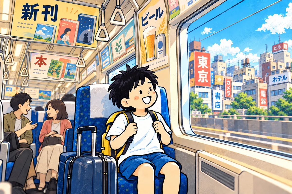 成田空港から都内へ向かう電車の中で、少年の私が車内の日本語広告や窓の外の看板をうれしそうに眺める。近くでは乗客が話している。