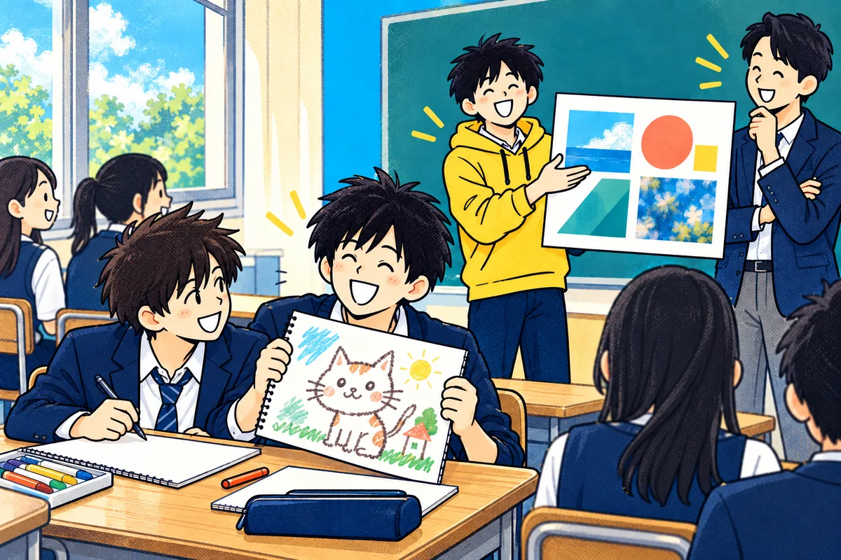 沖縄の高校の教室で、猫の絵を見せて友達と笑う私。その奥では、同じ高校時代の私が色や形を並べた資料を発表し、先生が見守る。