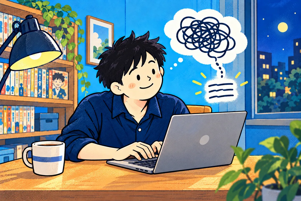 静かな夜、パソコンで感じたことや思ったことを書き綴る私。頭の中のもつれた考えが、言葉の行に整理されていく様子。