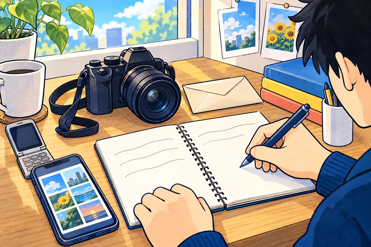 書きかけのノートのそばに、ガラケー、写真を表示したスマホ、初めての一眼レフ、母から受け取った封筒が並ぶ。