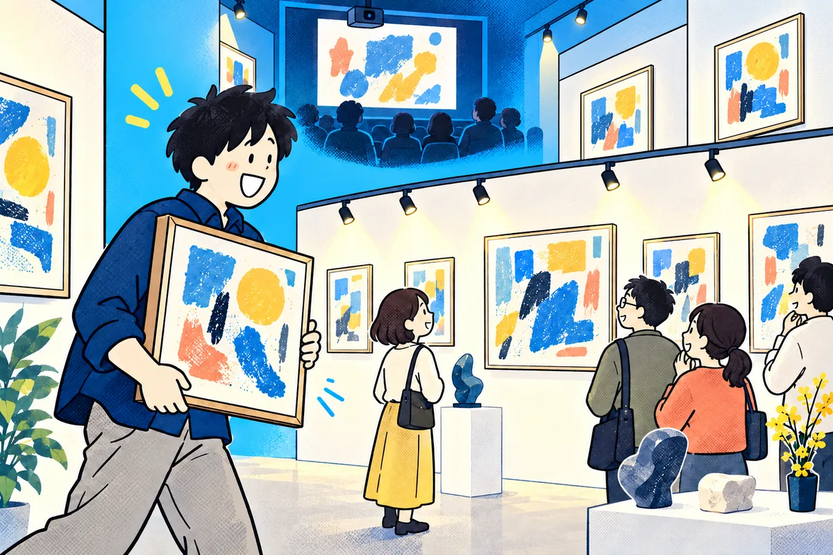 作品を抱えた私と、展示を眺める人たち。奥には、映像作品が上映されている。