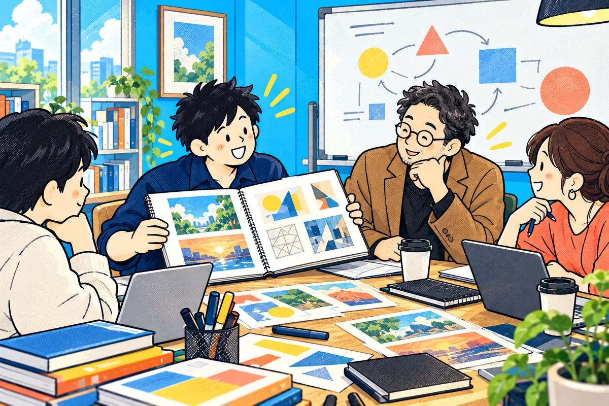 大学院のゼミで、私が写真や図形をまとめた作品集を広げる。先生と大人の学生たちが興味深そうに見ている。