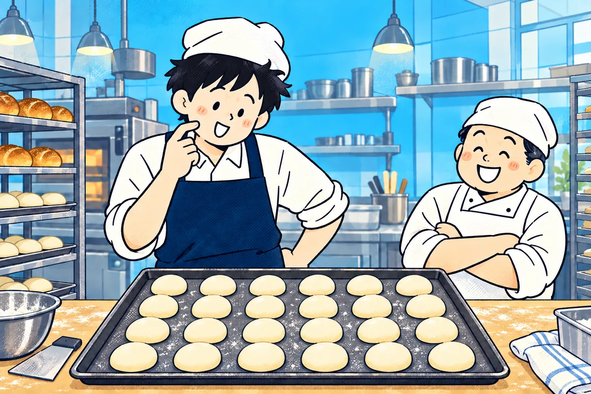 パン屋の厨房で、並んだパンを数えながら首をかしげる私。隣では店長が笑顔で見ている。