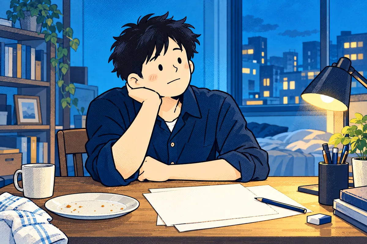 青い夜の部屋で、私が白紙の紙を前にひと息ついている。机の明かりが手元を照らす。