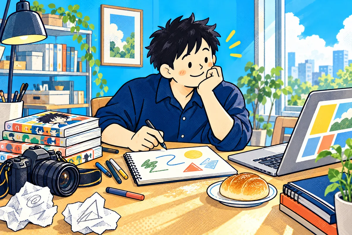 カメラ、漫画、パソコン、パンに囲まれた机で、私が図形を描きながら次にやってみたいことを考えている。