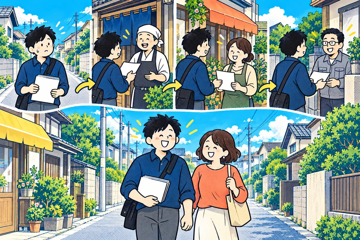 千葉の住宅街でチラシを持って歩く私。店や家で大人たちに仕事を紹介したあと、彼女と並んで笑顔で歩く。