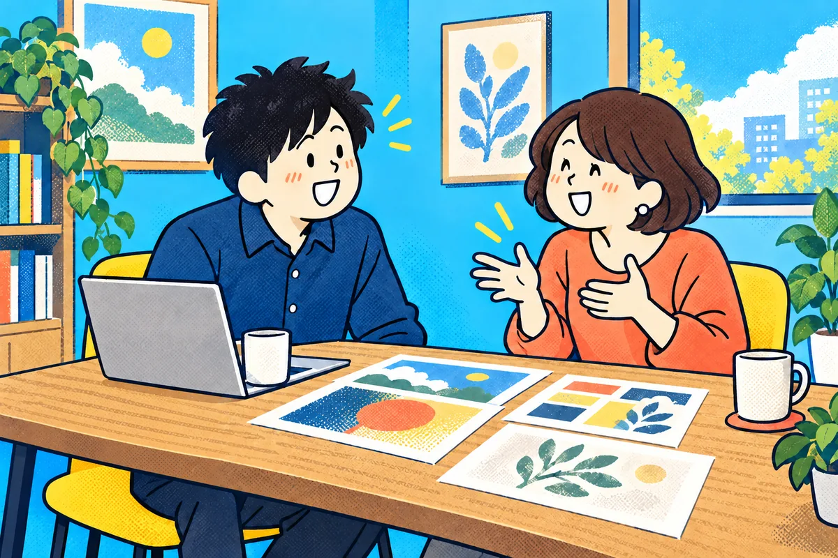 打ち合わせで、私がお客さんの話を笑顔で聞いている。テーブルにはデザイン案、ノートパソコンと飲み物が並ぶ。