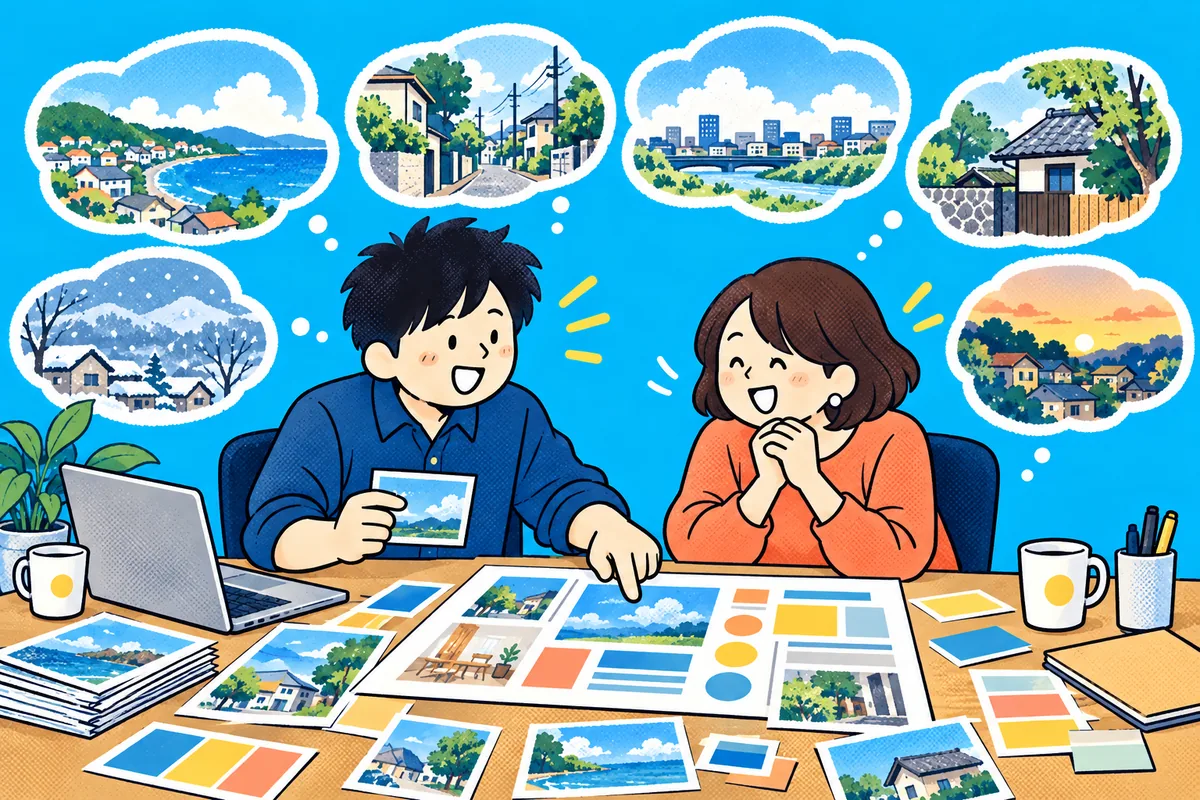 写真や色や形を机に広げ、お客さんと一緒に組み替える私。背景には、かつて暮らしたさまざまな街の風景が浮かぶ。
