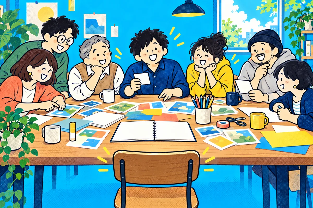 家族や友人、仕事で出会う人たちと、写真や色紙を囲んで笑う私。手前には、読者を迎えるように空いた椅子が一脚ある。